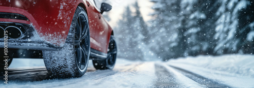 Close-up of a red car driving on a snowy road in a winter forest. Snow-covered tires and falling snowflakes. Winter driving and automotive concept