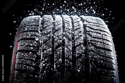 A detailed close-up of a winter tire covered in snowflakes on a black background, emphasizing the tread pattern and texture for winter driving safety