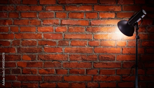 Old retro red brick wall being lit by a stage light bulb light. Constant light modifier projecting light on it