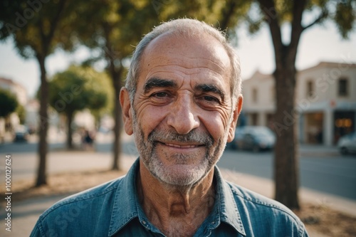 Close portrait of a smiling senior Cypriot man looking at the camera, Cypriot outdoors blurred background