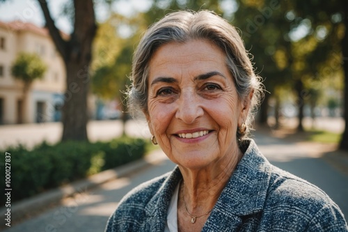 Close portrait of a smiling senior Cypriot woman looking at the camera, Cypriot outdoors blurred background