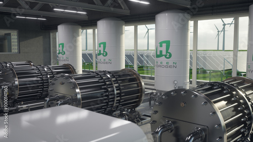 Generation of green hydrogen in a renewable production plant. Realistic 3D render.