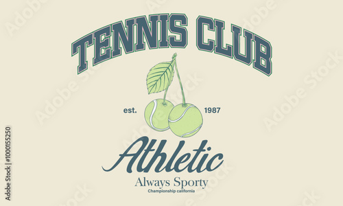 Tennis college league. Vintage artwork for sportswear. Cherry fruit. Sport logo. Sunday tennis club vector t-shirt design. College font racket tournament.