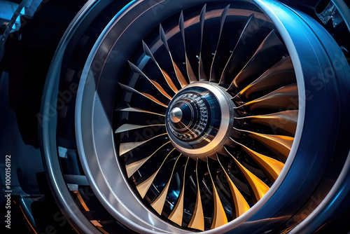 Modern turbofan engine. close up of turbojet of aircraft. Blades of the turbofan engine of the aircraft