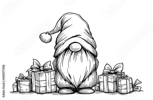 Christmas gnome coloring page for children. illustration for coloring book.