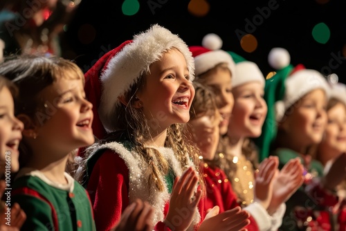 Smiling children dressed in festive holiday costumes perform a joyful Christmas song during a school event in December