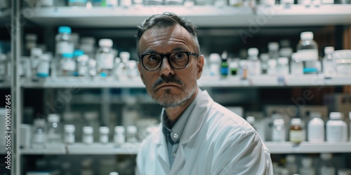 Serious senior pharmacist wearing glasses in a lab coat, standing in front of shelves with medicine bottles