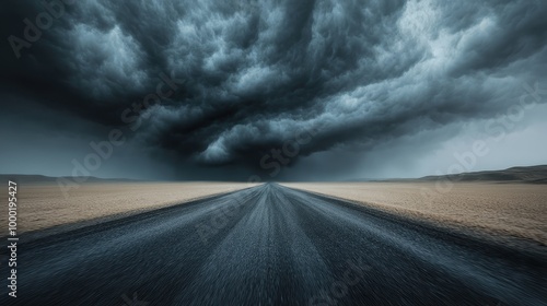 An intriguing image depicting an endless, straight road stretching forward beneath dark and ominous storm clouds. Represents a journey, solitude, and uncertain future.