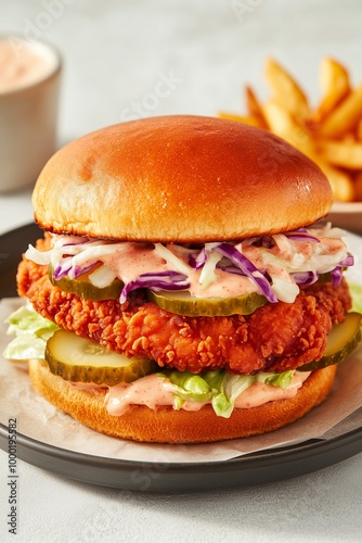 plant based chicken sandwich, featuring a crispy, golden plant based patty, topped with coleslaw and pickles