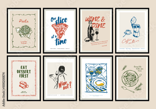 Minimal hand drawn vector dolce vita illustration set with aesthetic quote in a poster frame. Food and beverage doodles. Matisse style illustrations.