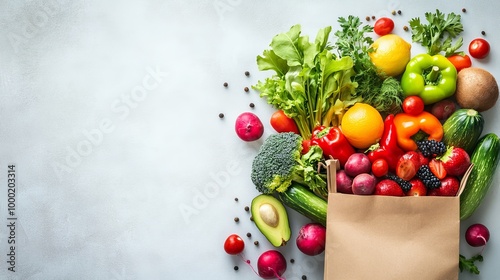 A healthy food arrangement featuring fruits and vegetables in a paper bag, set on a white background with copy space for a clean, vegan eating concept