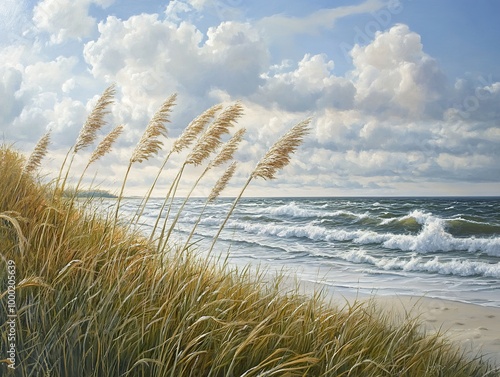 Seascape with Grass and Clouds - Peaceful Coastal Landscape