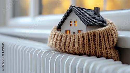 Closeup of a small model house wrapped in a warm woolen scarf above a white radiator. Cold protection, home insulation, space heating system, energy crisis concept.