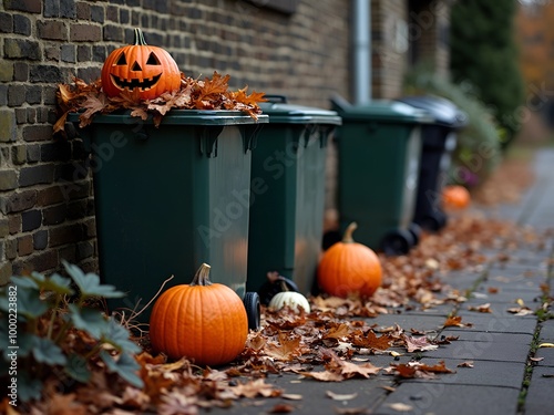 Jack-o-lantern pumpkins are lying next to the trash cans