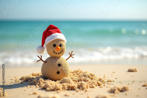 Sand Snowman with Santa Hat Enjoying the Beach at Sunset