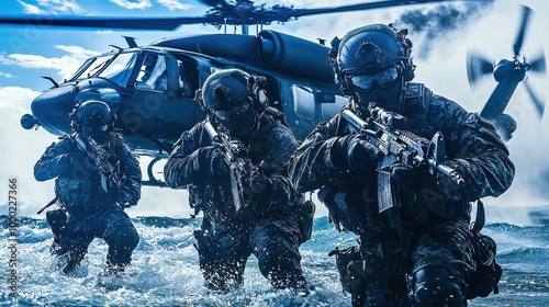 A group of Navy SEALs in full tactical gear, ready to deploy from a helicopter hovering over water. The scene captures the intensity and professionalism of elite military operations