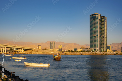 Ras al Khaimah emirate viewin the northern United Arab Emirates cityscape landmark and skyline view above the mangrove and corniche downtown area at dawn