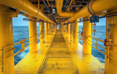 Yellow oil and gas platform in the open ocean under a clear blue sky with pipes and walkways highlighted