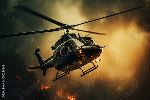 Action shot with helicopter hovering in the air over flame and explosions. Dynamic scene in action movie blockbuster style.