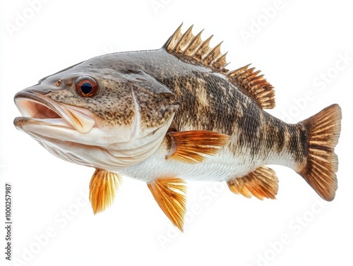 Detailed side view of a Nile perch, large freshwater fish, isolated on white background, economically significant species.