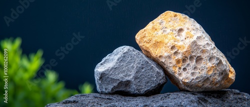  Two rocks atop a single rock, near a leafy green bush against a dark blue backdrop