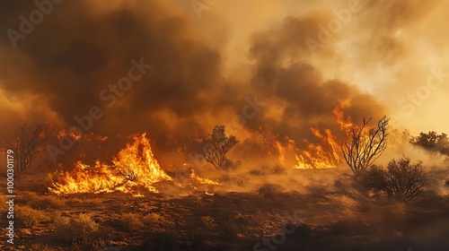 Wildfire raging across a dry landscape, with smoke and flames engulfing trees and brush