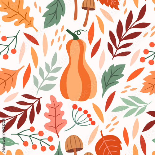 Autumn botanical folk pattern with leaves, mushrooms, pumpkin