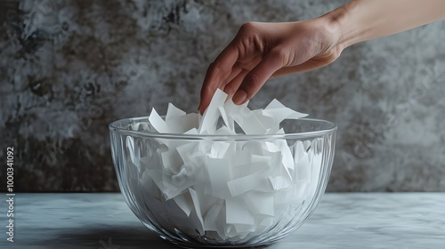 A hand reaches into a clear glass bowl filled with various white paper slips, each representing a potential winner.