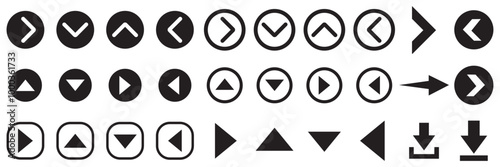 Arrow icon collection set. Containing download, upload, refresh, reload, shuffle, sync, expand icon. Simple line vector.