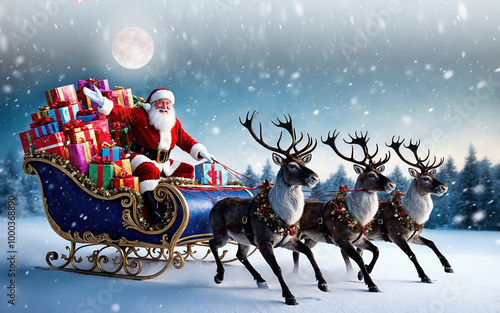 Santa Claus who runs in a sleigh loaded with gifts and pulled by reindeer in the snow-covered Lappish forest in a magical atmosphere in the moonlight