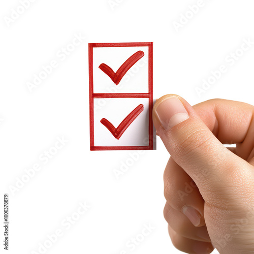 Hand holding a checklist with two checked boxes isolated on transparent background.