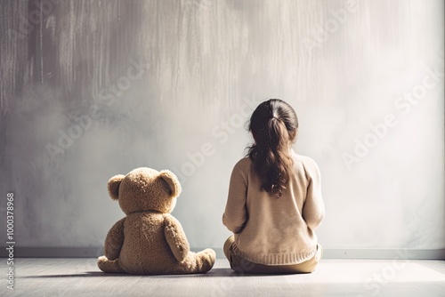 Little autistic girl with teddy bear sitting on floor at empty room. Autism concept