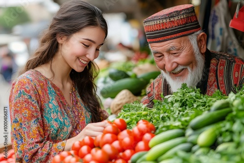 Joven mujer eligiendo tomates frescos en un mercado local al aire libre junto a un vendedor mayor sonriente. Ambos disfrutan de una conversación amigable rodeados de vegetales frescos.