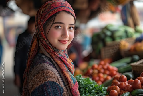 Joven mujer eligiendo tomates frescos en un mercado local al aire libre junto a un vendedor mayor sonriente. Ambos disfrutan de una conversación amigable rodeados de vegetales frescos.