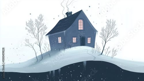 Winter slump concept illustration of a cozy house covered in snow surrounded by a serene landscape