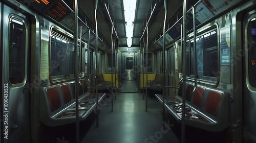 A quiet moment inside an empty metro train cabin.