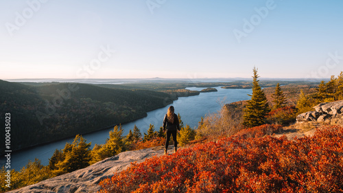 Female Hiker Epic View Acadia National Park Sunrise Beech Mountain Orange Leaves Ocean View Beautiful Wide Landscape During Fall Foliage in Maine