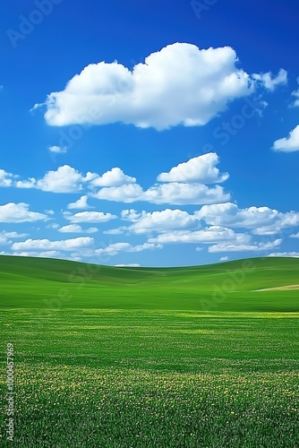 Wide open landscape with rolling green hills and a bright blue sky dotted with fluffy white clouds.