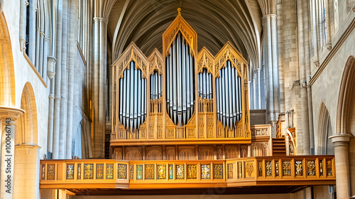 Copy space image of a portion of a pipe organ in a Catholic cathedral interior captured with selective focus