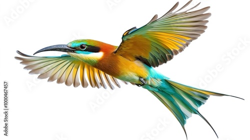 A beautifully detailed illustration of a bee-eater bird in flight, captured in full body