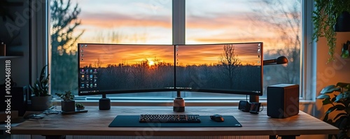 A stunning view of a dual monitor setup at sunset, creating an inspiring workspace filled with natural light and tranquility.