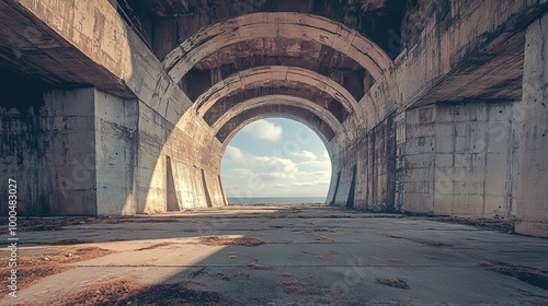 A captivating low-angle wide shot capturing the exploration of ancient industrial sites resembling megalithic concrete forms on a remote island. The image showcases the impressive scale and unique 