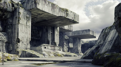 A captivating low-angle wide shot capturing the exploration of ancient industrial sites resembling megalithic concrete forms on a remote island. The image showcases the impressive scale and unique 