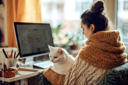 Cozy indoor afternoon with a woman and her cat working on a computer. Generative AI