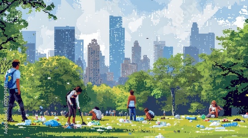 A vibrant pixel art depiction of people cleaning up trash in a lush city park. The urban skyline contrasts with the natural greenery, emphasizing environmental action and teamwork in a community