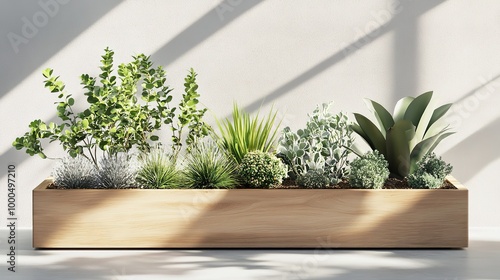 A rustic wooden planter box filled with lush green plants, beautifully arranged against a clean white background. The natural texture of the wood contrasts elegantly with the vibrant foliage, 