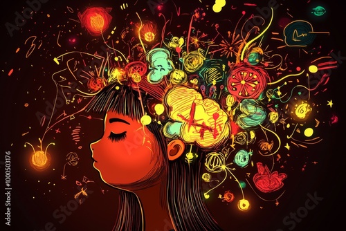 Vibrant and imaginative artwork depicting a girl's profile with an explosion of colorful, dynamic elements and abstract shapes around her head, conveying creativity and emotion.