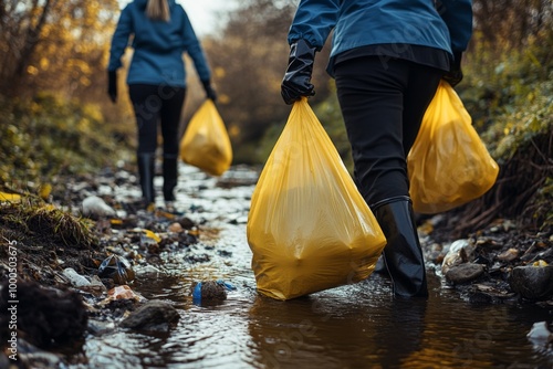 A group of individuals wearing protective gear are seen cleaning up a polluted creek, holding yellow bags filled with collected trash and debris.