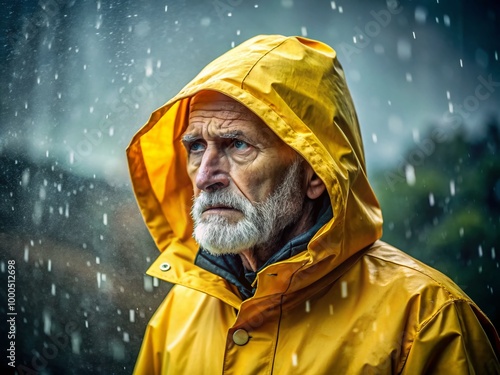 Senior Individual in Raincoat Reflecting Sadness on a Gloomy Day Amidst Rainy Weather Conditions