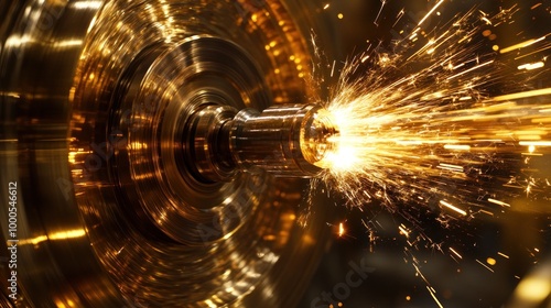 A close-up of a rotating metal component emitting sparks during a machining process.